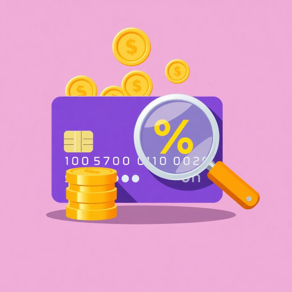 Carta di credito con monete cashback e lente d'ingrandimento sul simbolo percentuale